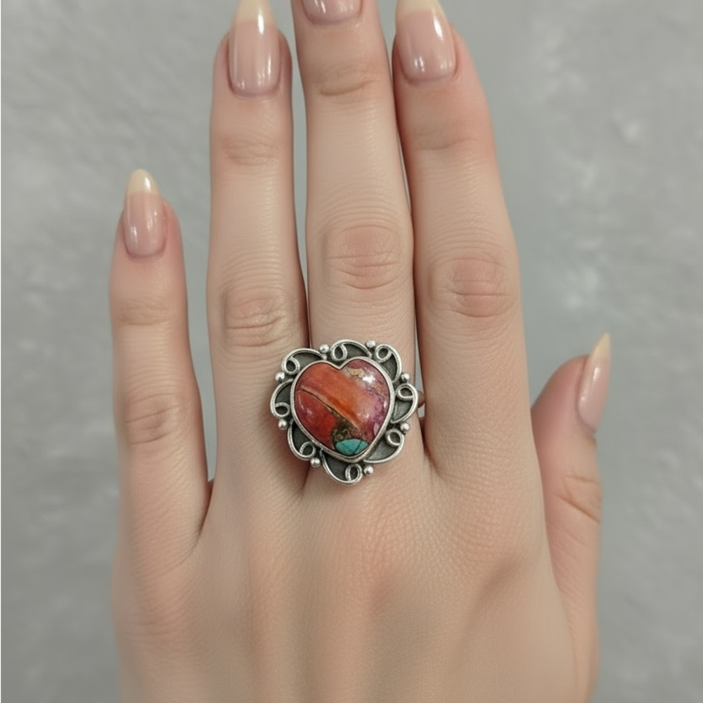 Heart-Shaped sterling Silver‎ and pink Dahlia Stone Ring